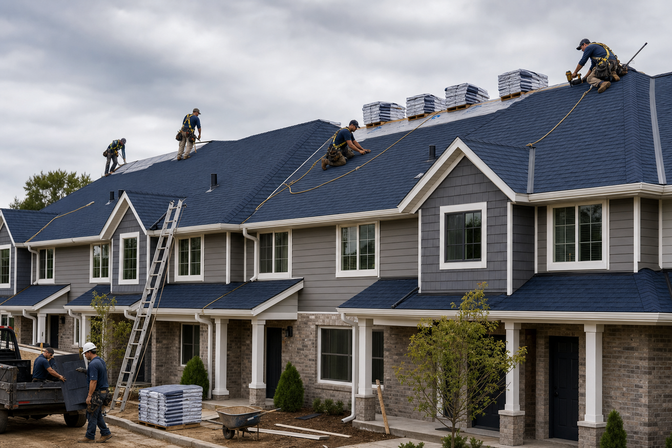 A union roofing crew in safety harnesses installing new shingles on a navy multi-unit townhome complex