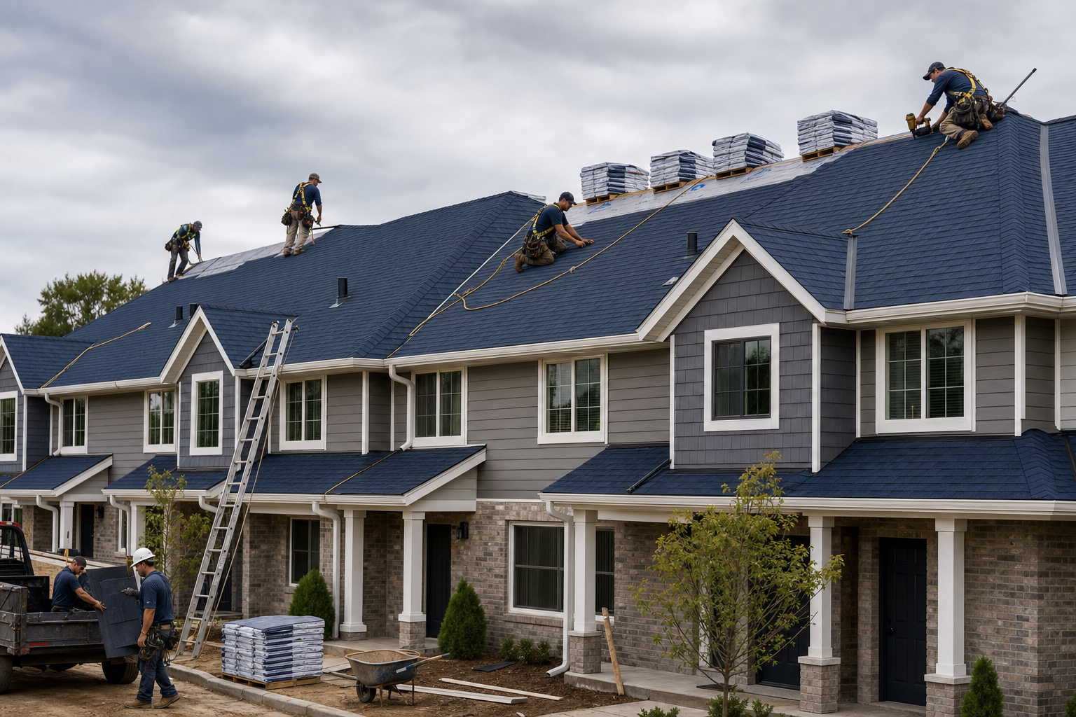 Union roofing crew on a multi-unit HOA townhome complex