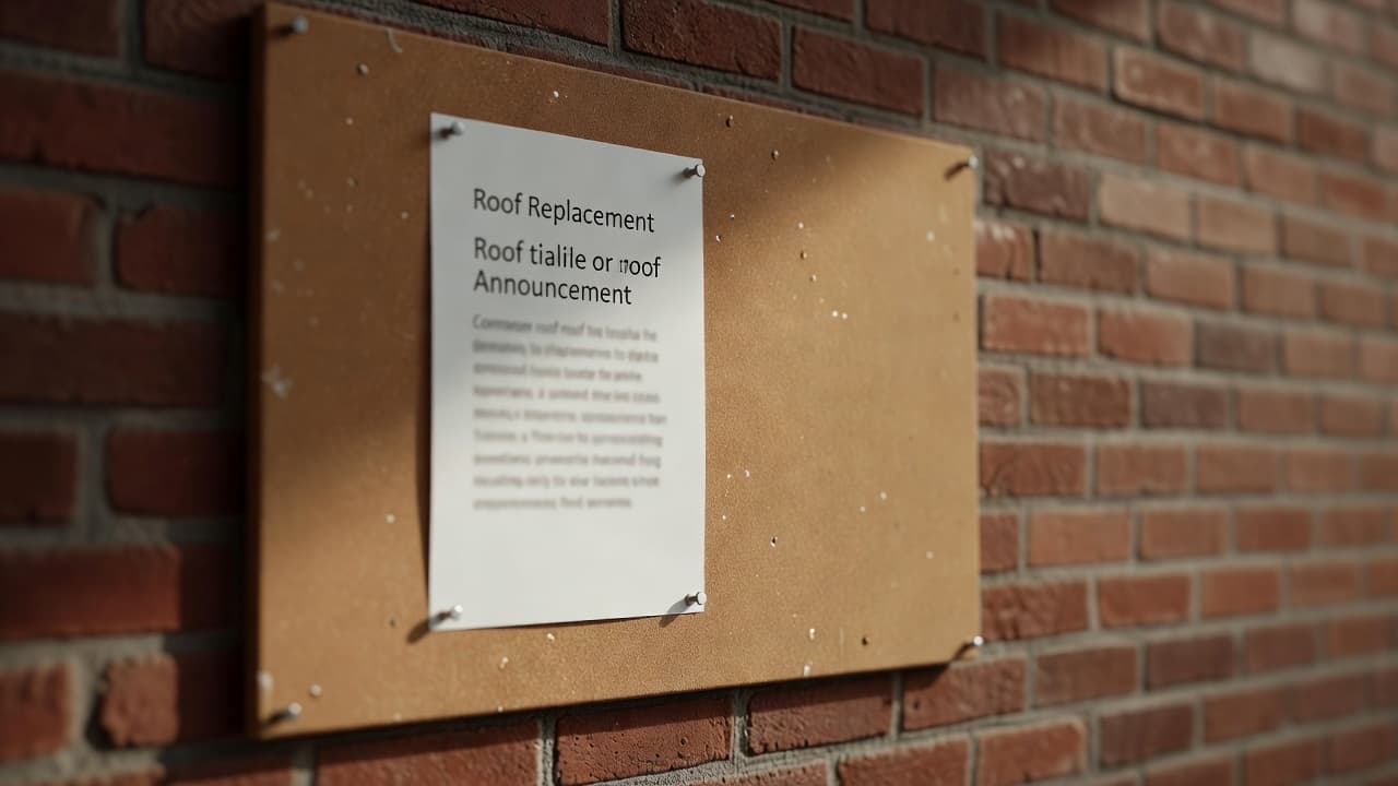 HOA Roof Replacement Notice Templates That Residents Read A printed notice pinned to a community bulletin board on a brick wall under natural light.